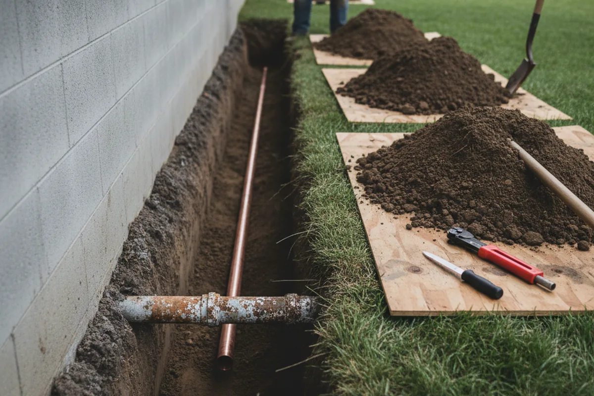 Excavated water line trench during Water Softener Installation in Blair
